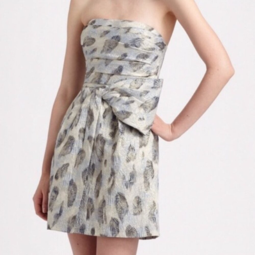 BCBG Blue and Metallic Jacquard Mini Dress With Bow Detail